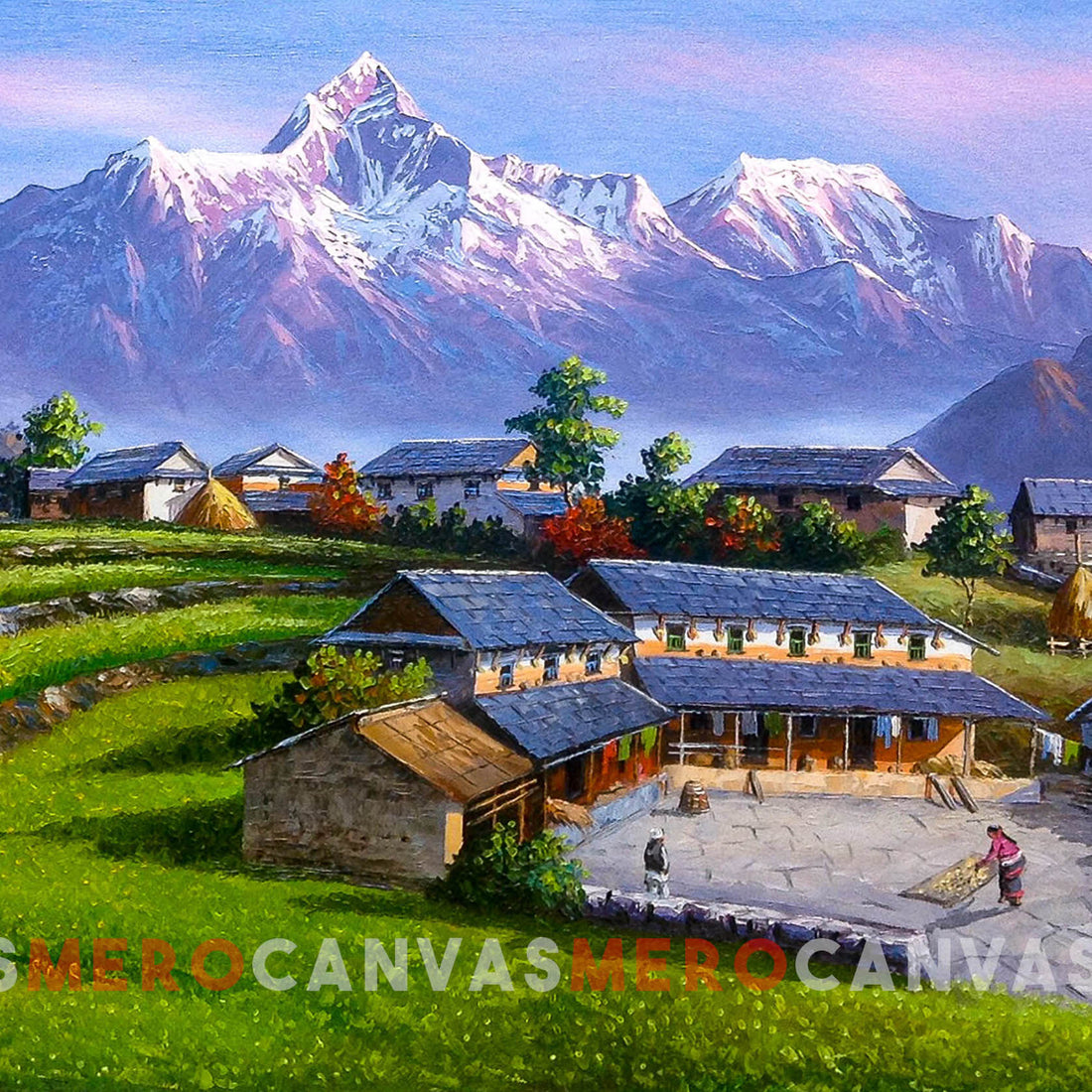 Stunning Mt. Annapurna & Traditional Village Life | Hand - Painted Nepalese Landscape Art - ALOM95 - Artofnepal