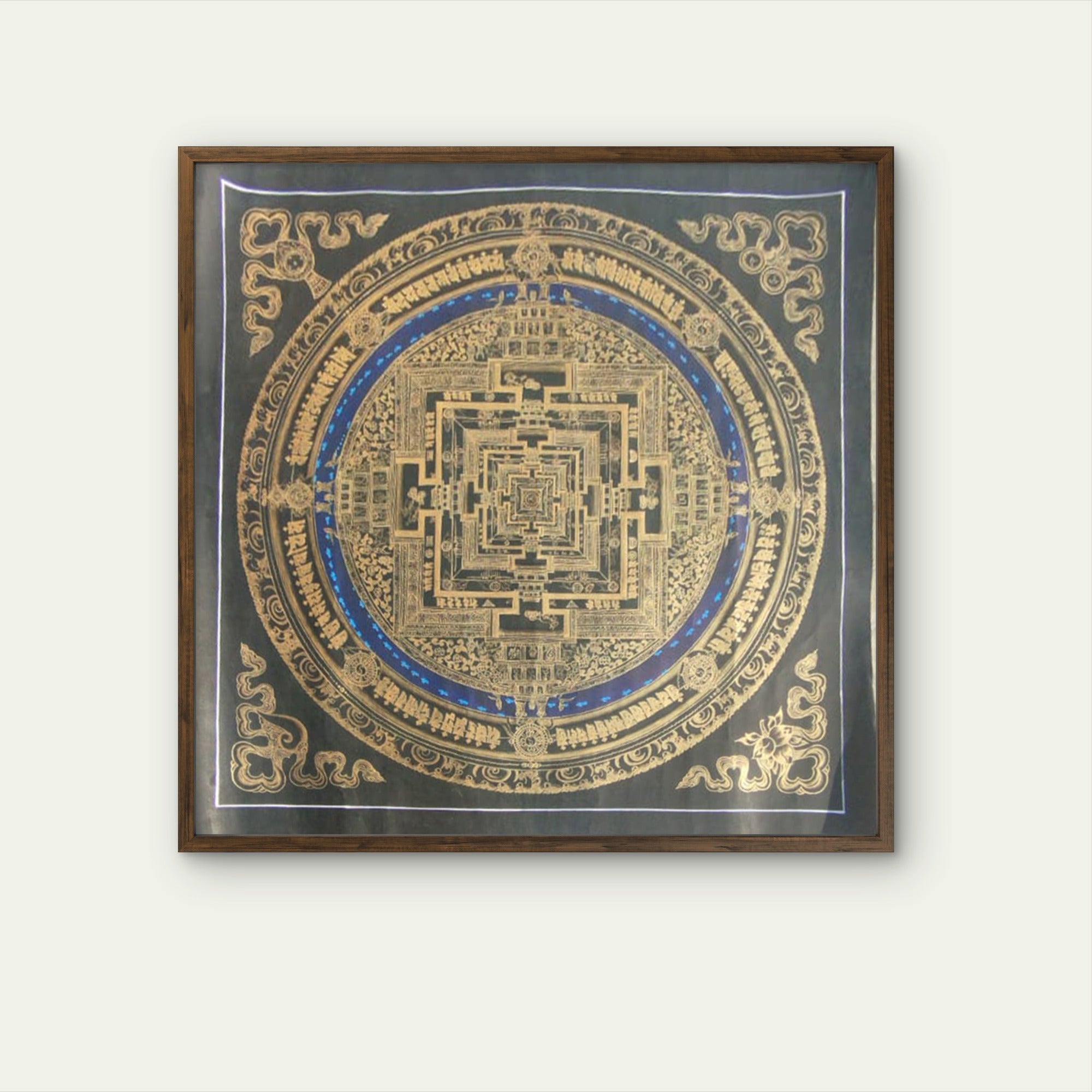 Gold on Black Mandala Thangka painting with Blue Ring – Hand Painted Sacred Geometry - Artofnepal