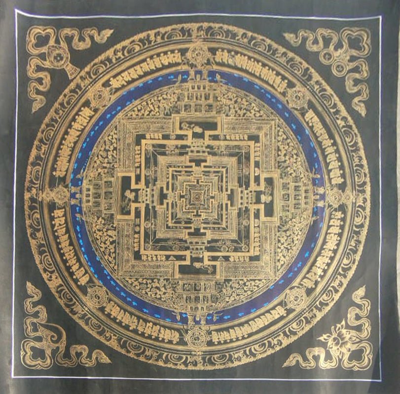 Gold on Black Mandala Thangka painting with Blue Ring – Hand Painted Sacred Geometry - Artofnepal