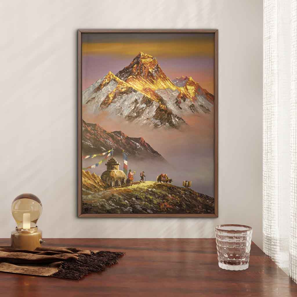Golden Sunrise Over Mount Everest | Handmade Himalayan Landscape Painting - Artofnepal