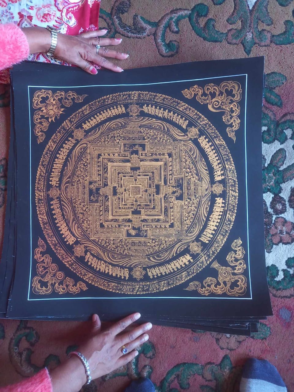 Green Mandala Thangka painting – Hand Painted Buddhist Sacred Geometry Art - Artofnepal