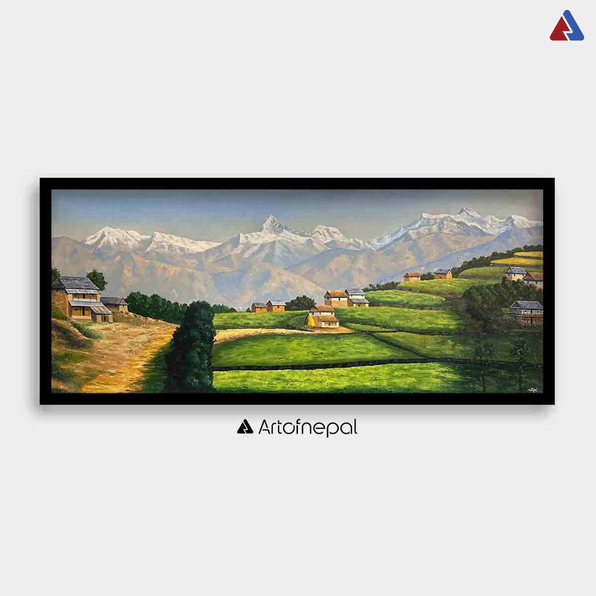 OLJT05 - Nepali Village Painting with Mustard Fields - Artofnepal