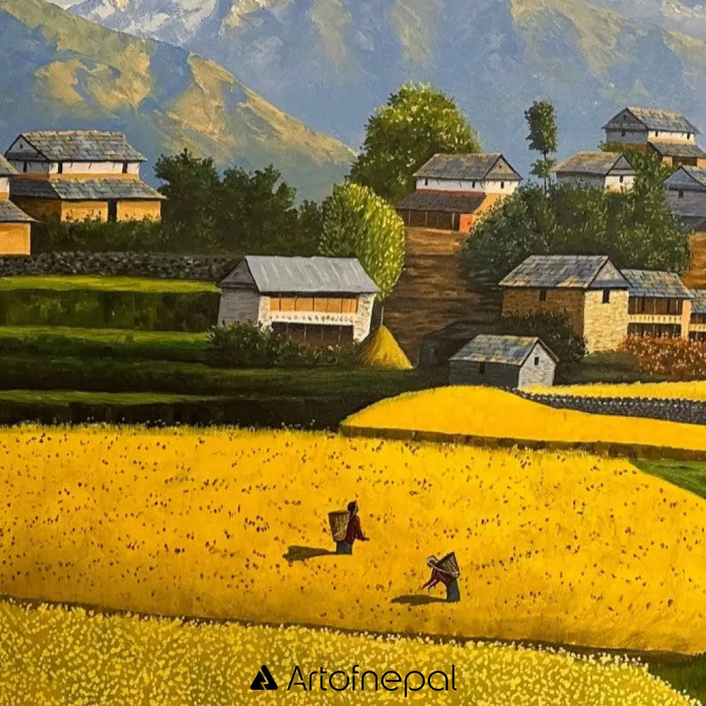 OLJT06 - Mustard Fields and Nepali Houses in Harmony 36 inches by 60 inches simple