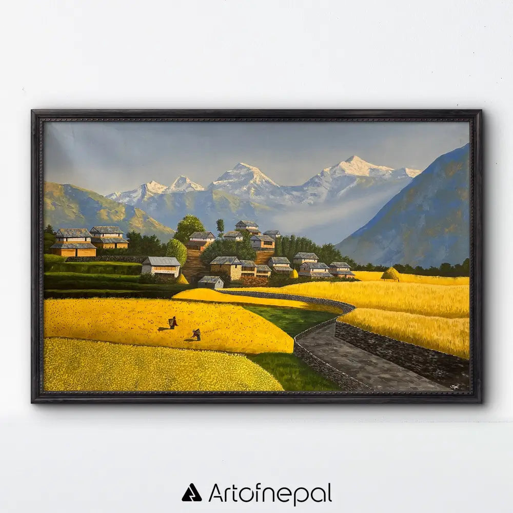 OLJT06 - Mustard Fields and Nepali Houses in Harmony 36 inches by 60 inches simple