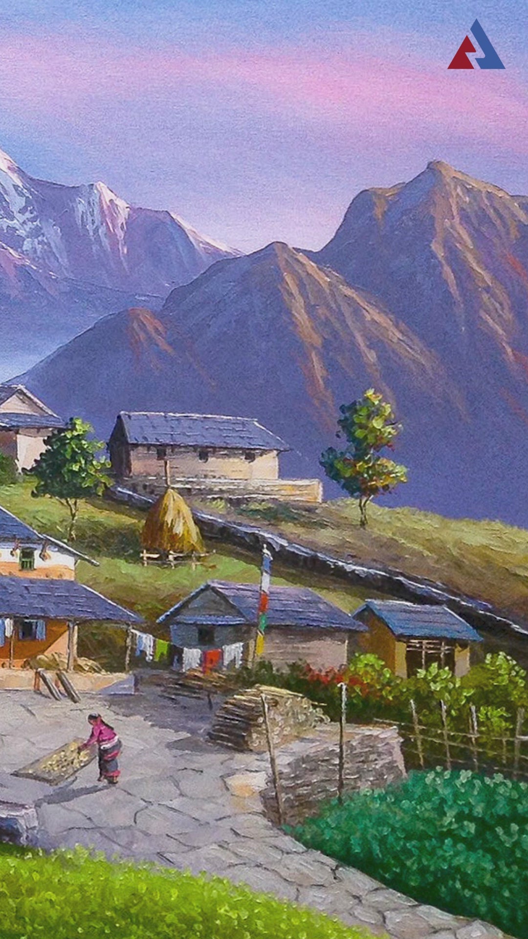 Stunning Mt. Annapurna & Traditional Village Life | Hand-Painted Nepalese Landscape Art - ALOM95