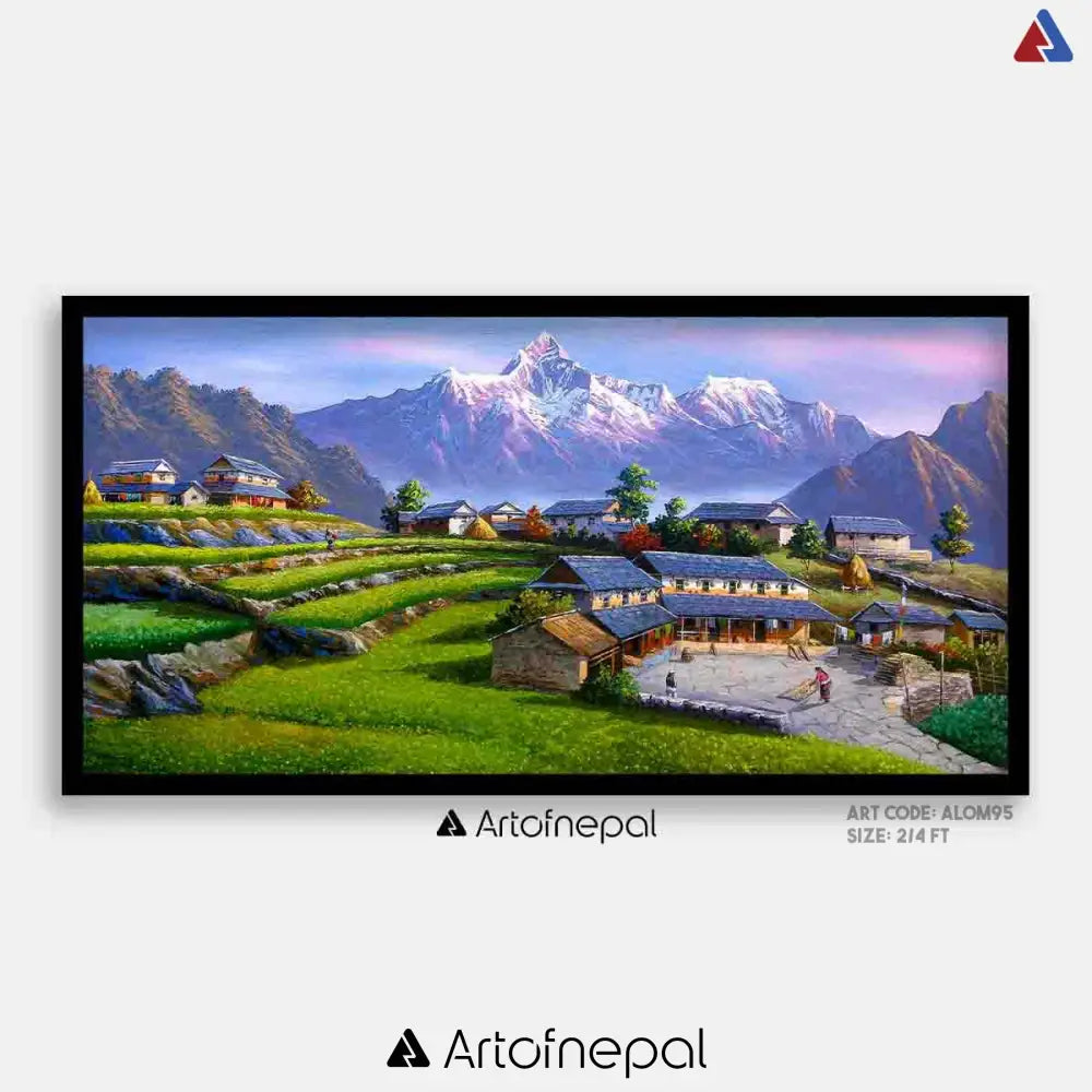Stunning Mt. Annapurna & Traditional Village Life | Hand-Painted Nepalese Landscape Art - ALOM95 24 inches by 48 inches