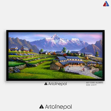 Stunning Mt. Annapurna & Traditional Village Life | Hand - Painted Nepalese Landscape Art - ALOM95 - Artofnepal