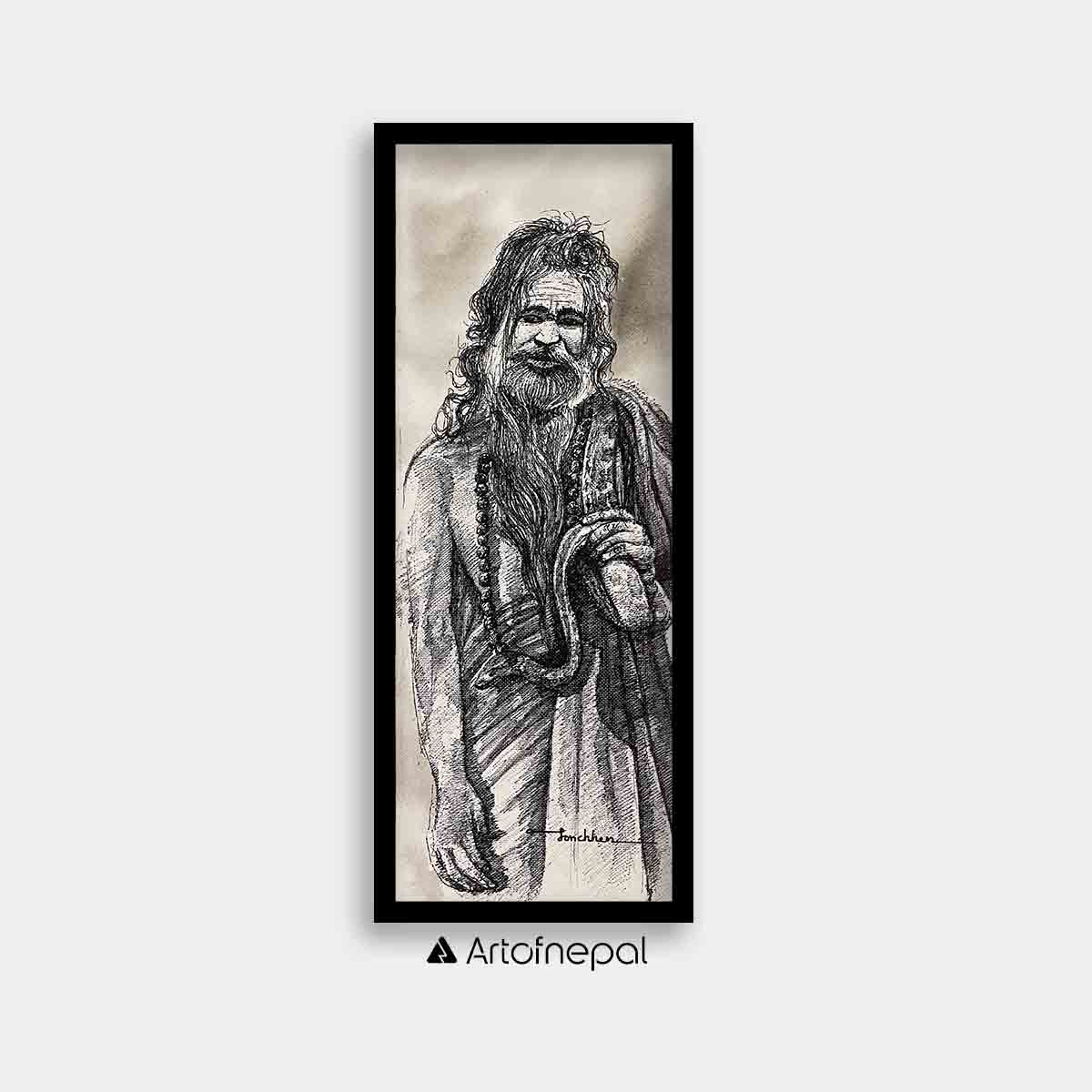 UNAP02 - A small acrylic painting of an elder man - Artofnepal