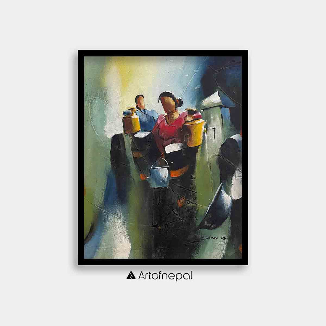 UNAP25 - An abstract painting of women carrying water buckets - Artofnepal