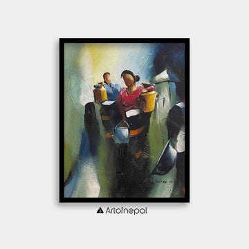 UNAP25 - An abstract painting of women carrying water buckets - Artofnepal