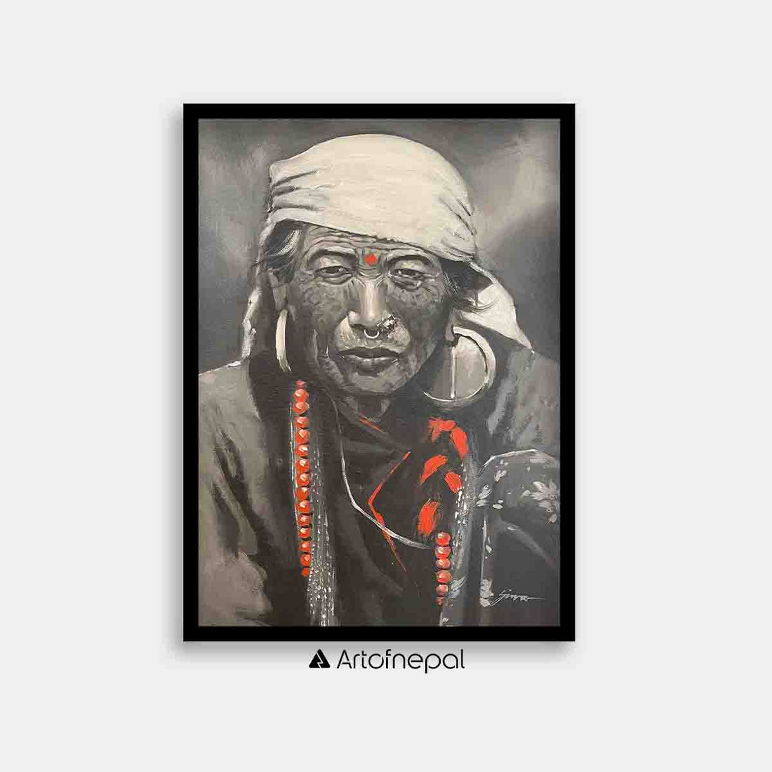 UNAP28 - Black and white abstract painting of a nepali woman - Artofnepal