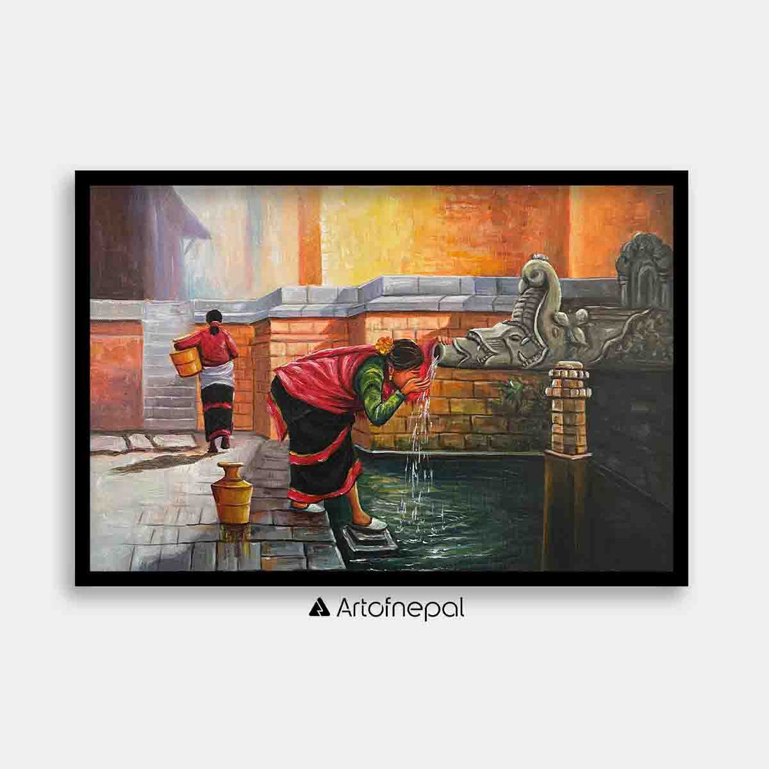 UNAP35 - A woman drinking water from a tap - Artofnepal