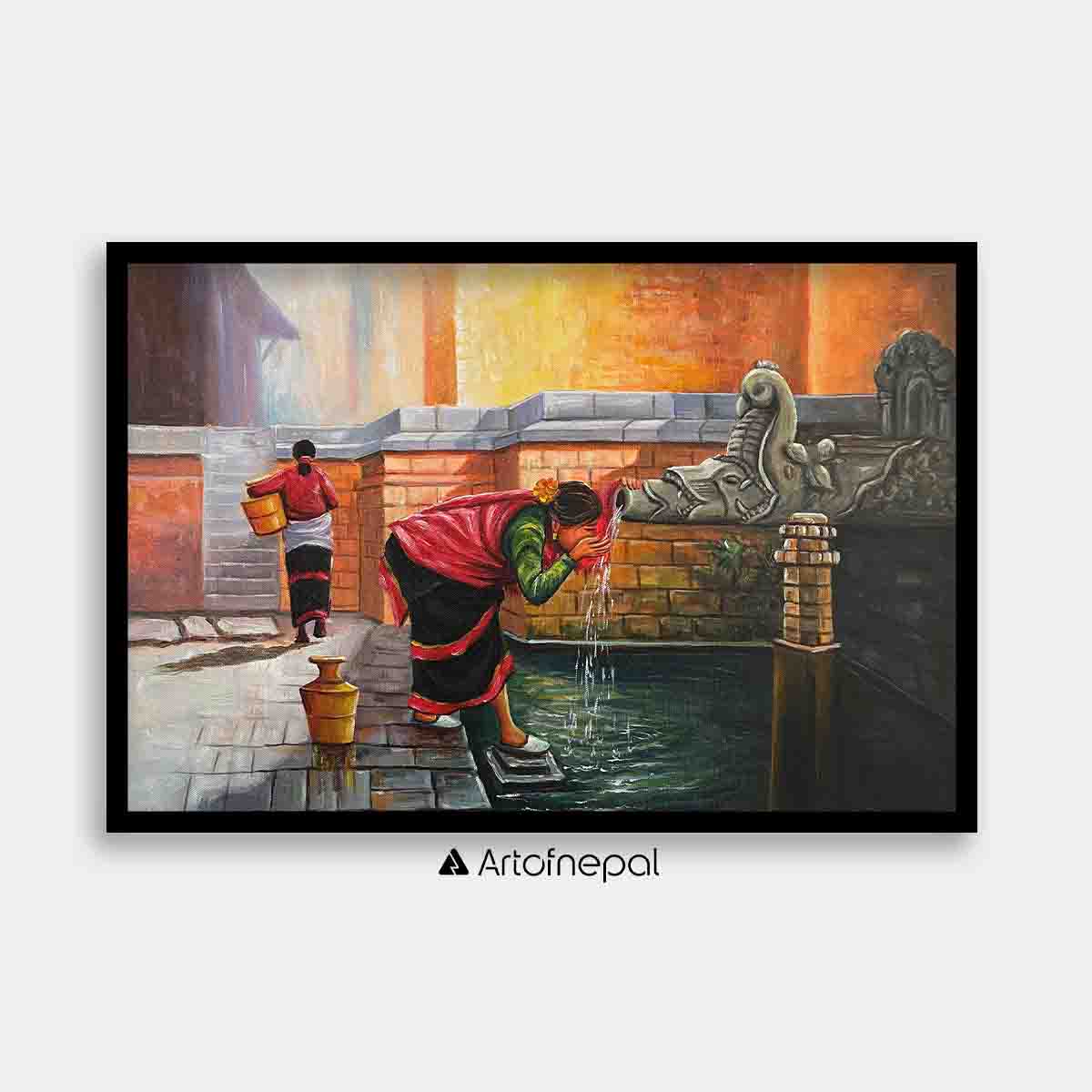 UNAP35 - A woman drinking water from a tap - Artofnepal