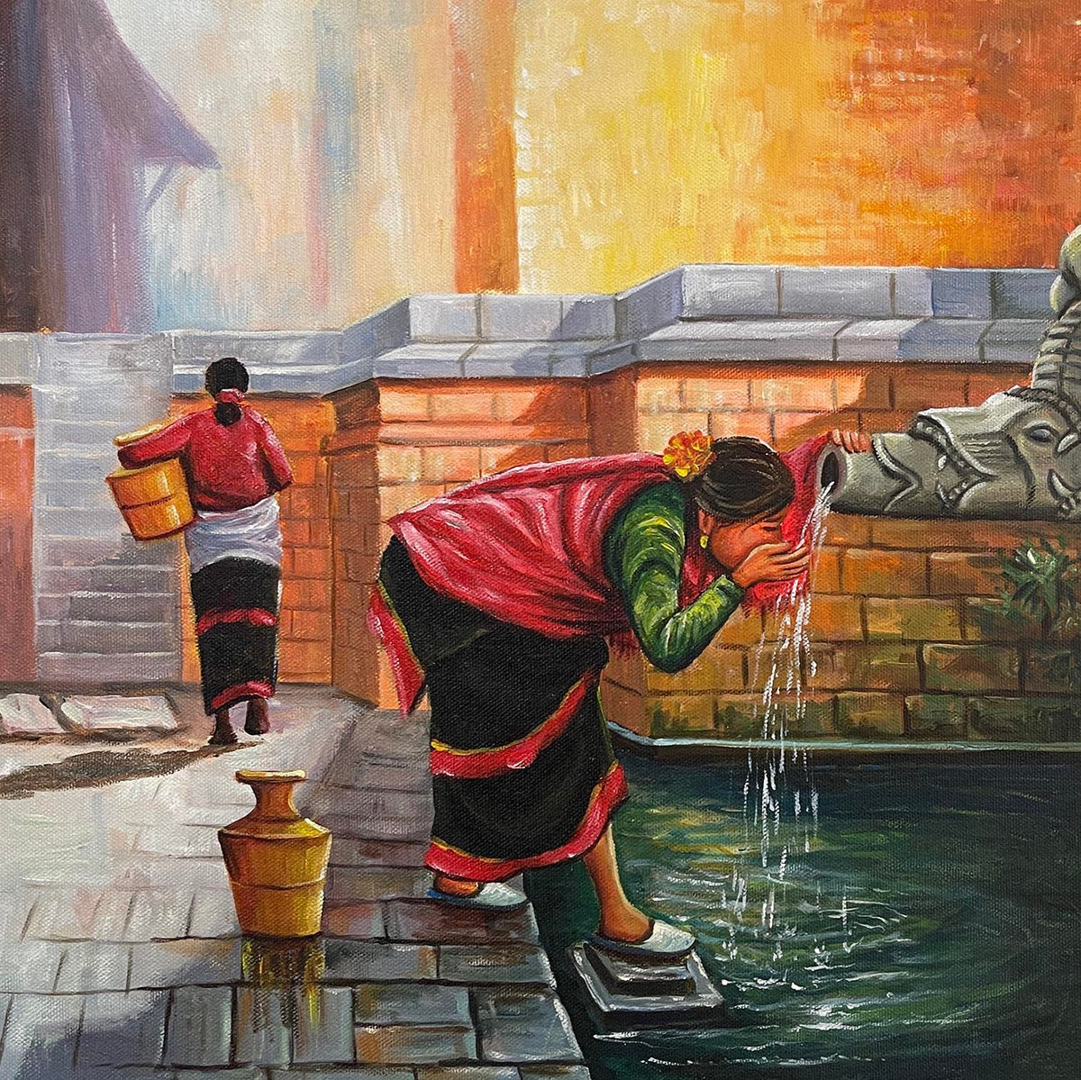 UNAP35 - A woman drinking water from a tap - Artofnepal